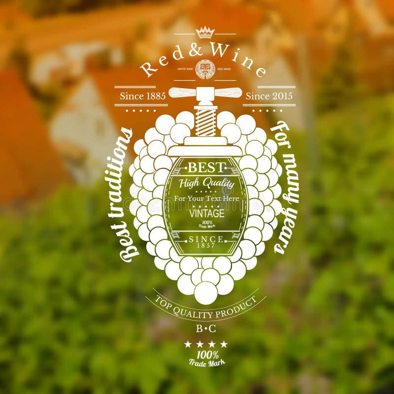 Winogrono wiązka z baryłką dla teksta w centrum i rocznika prasie up Wino etykietka na winnicach i domu zamazywał tło ilustracja wektor
