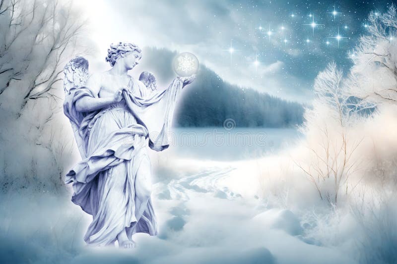 Bellissimo angelo arcangelo sognante con neve, elementi.