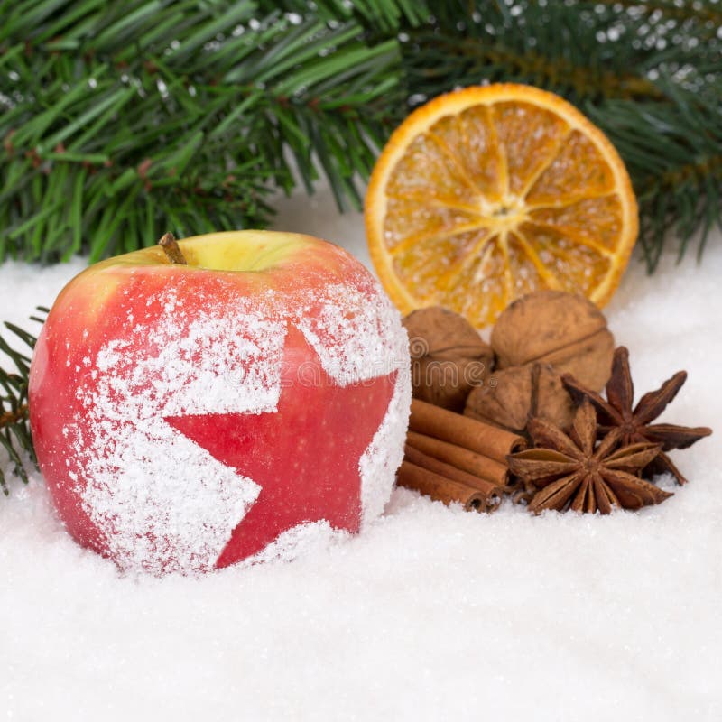 Winter Apple Fruit on Christmas with Snow and Star Stock Image - Image ...