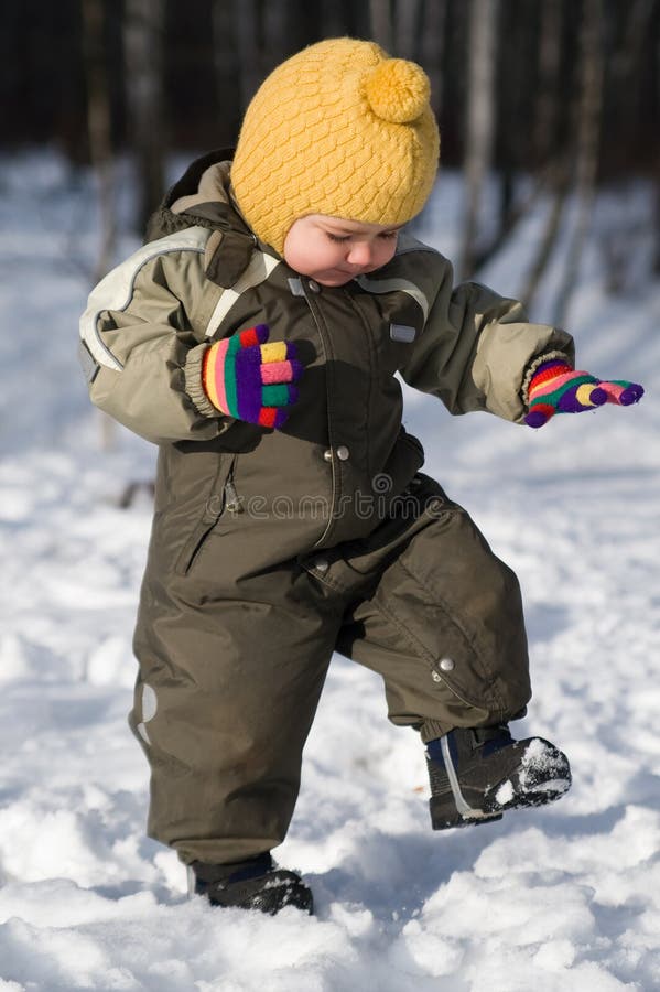 Winter baby stap against snow forest