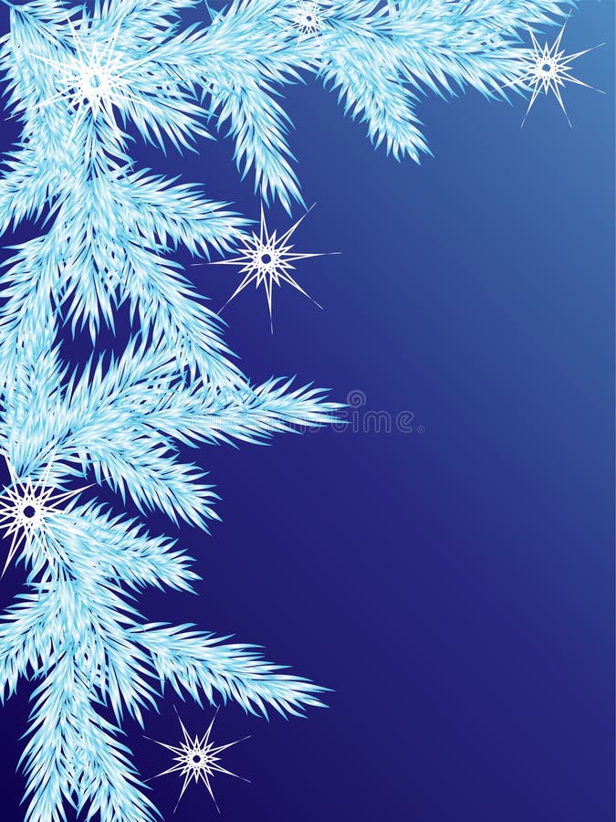 Branches of pine trees on a blue background with stars. Branches of pine trees on a blue background with stars.