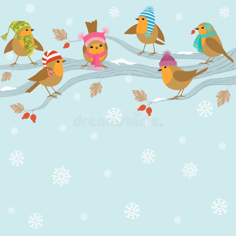 Winter background with funny birds.