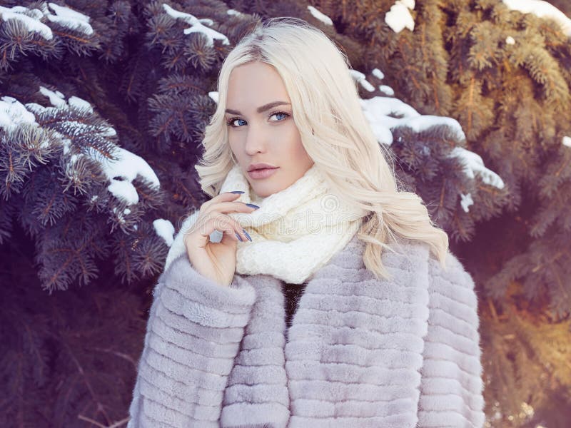 Winter Beautiful Young Woman in Fur Coat Stock Photo - Image of ...