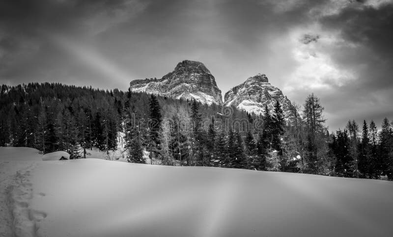Winter black and white panorama on the north side of Mount Pelmo