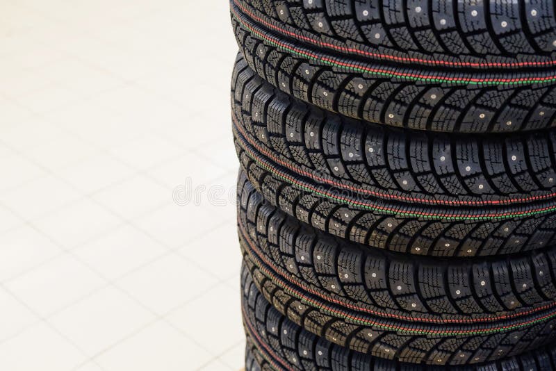 Winter Car Studded Tires. Set of Four Pieces Stock Image Image of