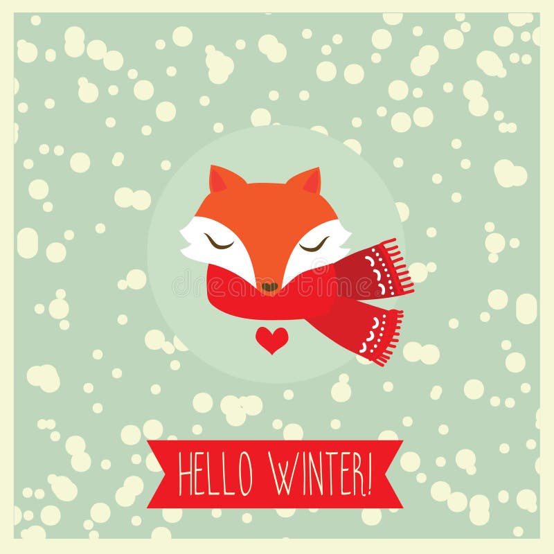 Winter card with cute happy fox