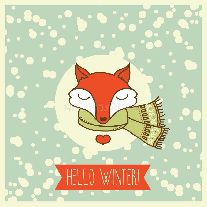 Winter card with cute happy fox