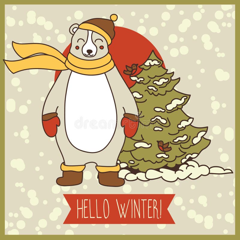 Winter card with cute happy white bear