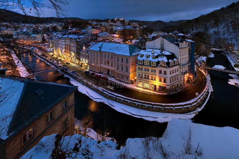 The night view of Carlsbad (Karlovy Vary) is a spa city situated in western Bohemia, Czech Republic. Karlovy winter stock images, royalty-free photos and pictures