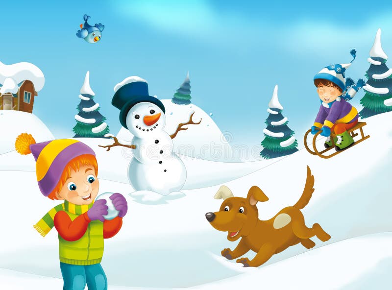 Winter cartoon scene stock illustration. Illustration of colorful