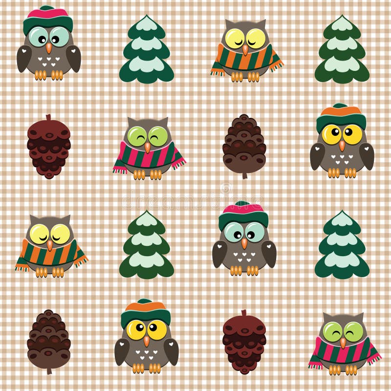 Vector seamless winter checked pattern with little cute owls dressed in scarfs and hats. Vector seamless winter checked pattern with little cute owls dressed in scarfs and hats.