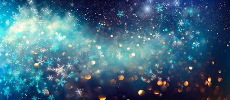 Winter Christmas and New Year background, backdrop with glowing blue stars, snowflakes, holiday garland, magic