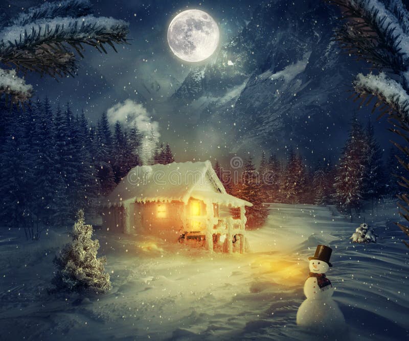 The Snowman Artificial Moon And Snowflakes Stock Photo - Download