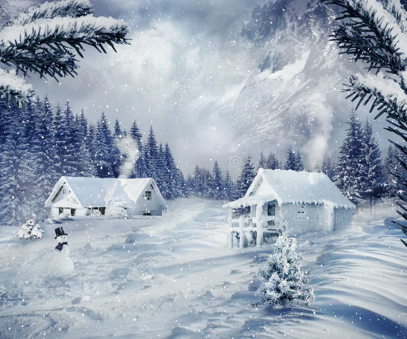 Winter Christmas scene, raster art illustration