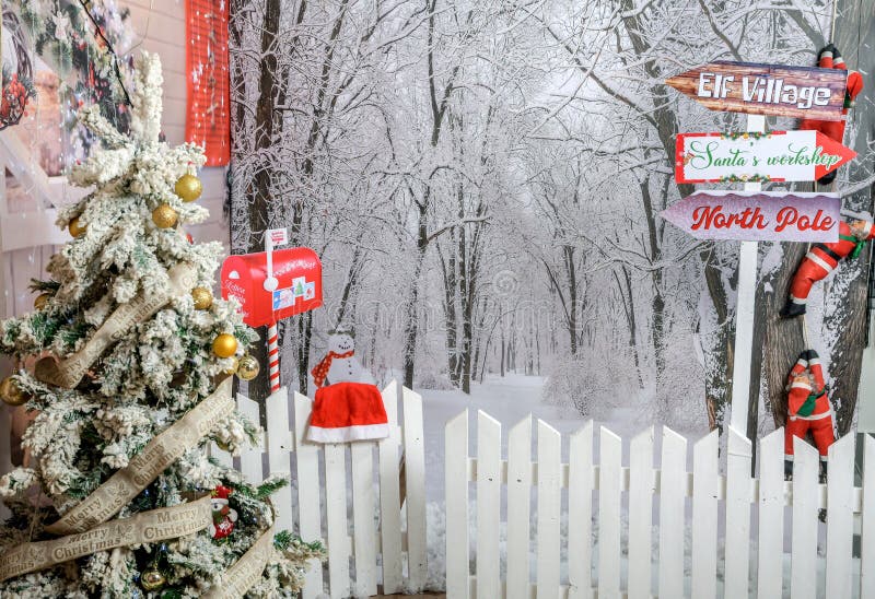 Winter Christmas Scenic. New Year`s Winter Scenery in the Studio Stock