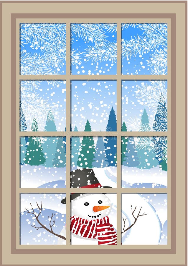 Winter Christmas window with a view of the snowy forest. Christmas card. winter window with the landscape and snowman