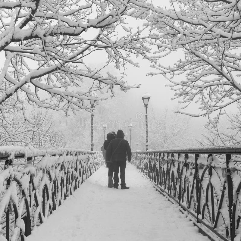 Winter city park. Lovers Bridge in Kiev.