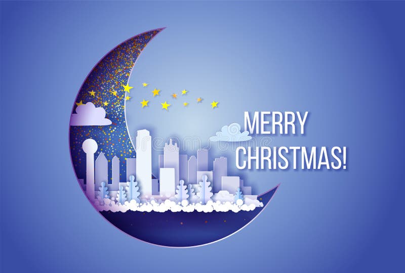 Winter city with skyscrapers at the night inside of crescent moon. Merry Christmas card