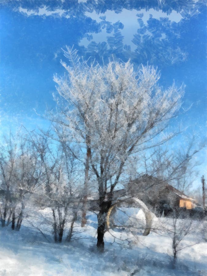 A winter clear day, a rural landscape with a rustic garden cover