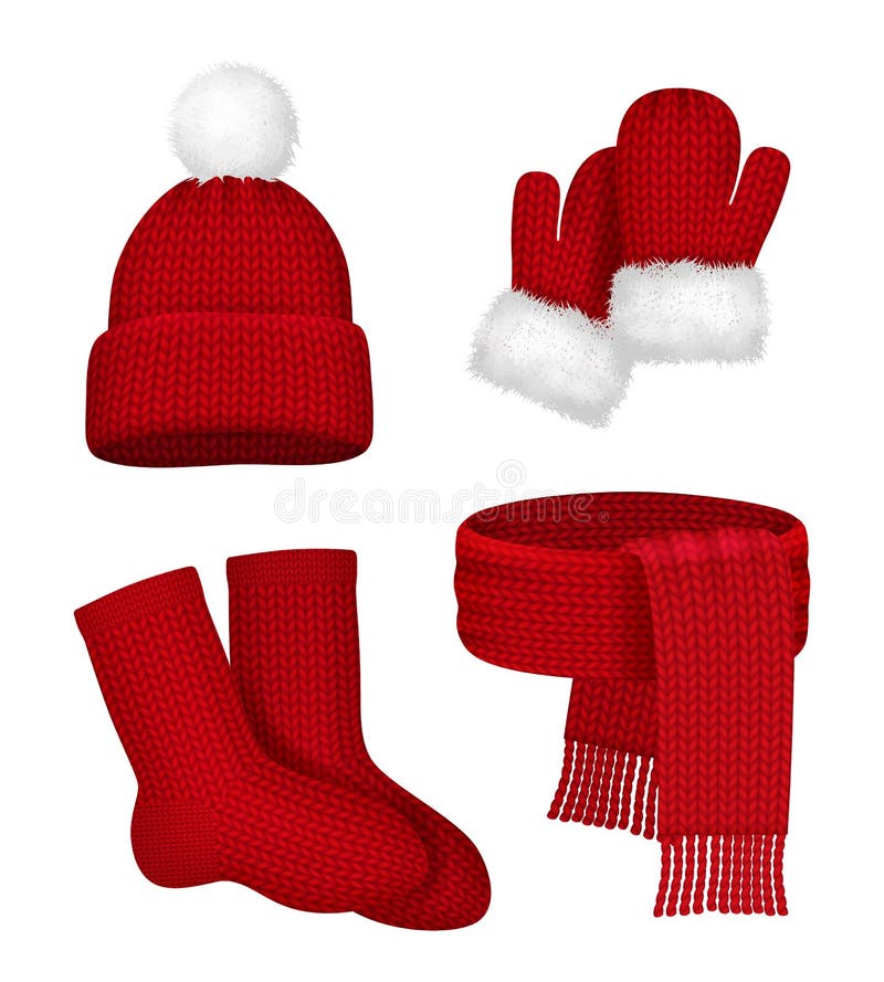 Winter Clothes. Scarf Mittens Stocking Snow Hat with Fur Season Fashion ...