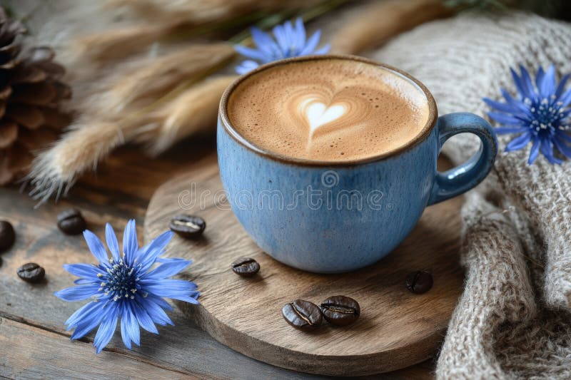 Winter coffee aesthetic, enjoy a cozy cup of chicory coffee in a rustic kitchen setting, surrounded by winter stock photo