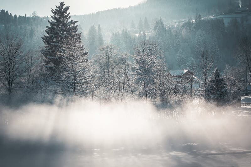 rural stunning winter landscape, picturesque morning foggy view, beautiful sunrise in mountains, Carpathians, Huzul village Krasnik