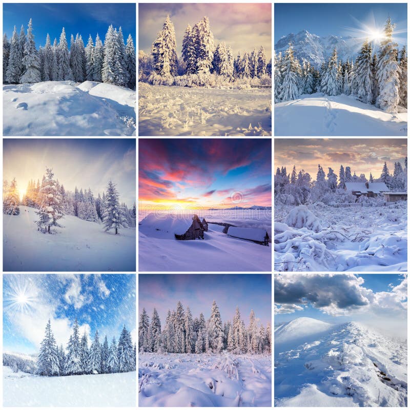 Winter Collage with 9 Square Christmas Landscapes. Stock Image - Image ...