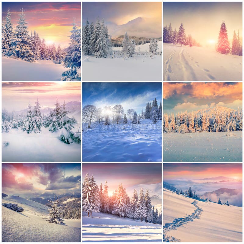 Winter Collage with 9 Square Christmas Landscapes. Stock Image - Image ...
