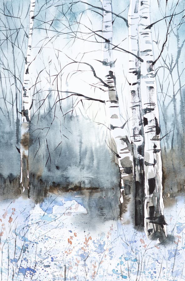 Winter colorful landscape of snowy forest. Hand drawn watercolor illustration