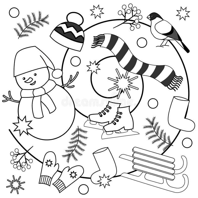 winter coloring pages for kids and adults stock illustration