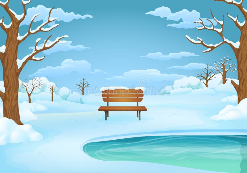 Winter day illustration. Snow covered wooden bench by the frozen lake.