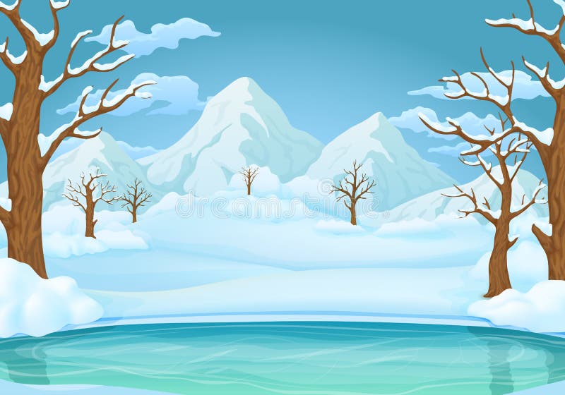 Winter day background. Frozen lake or river with snow covered trees and snowy mountains.