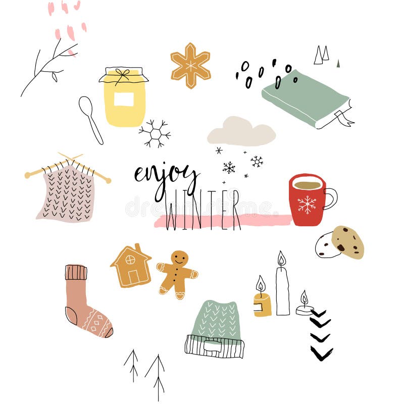 Winter Doodles Set. Black and White Line Art Stock Illustration ...