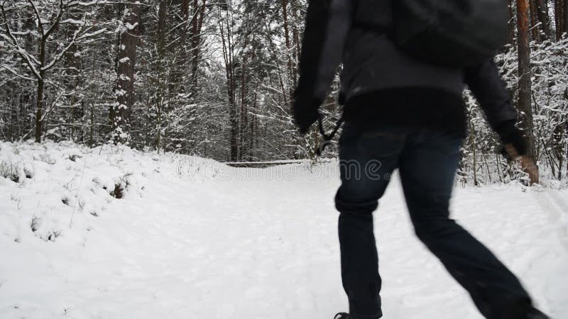 Winter entertainment father and son in forest playing