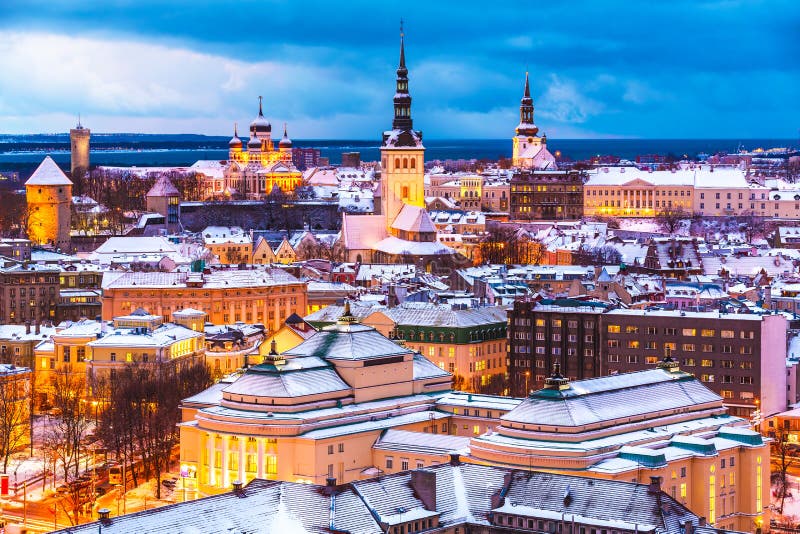 Scenic winter evening aerial view of the Old Town architecture in Tallinn, Estonia. Scenic winter evening aerial view of the Old Town architecture in Tallinn, Estonia