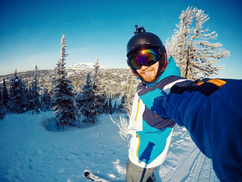 Tame left sample Winter Extreme Sport with Selfie Action Camera. Man Rides on Slopes Skis in  Protective Helmet Stock Photo - Image of skier, snow: 164069750