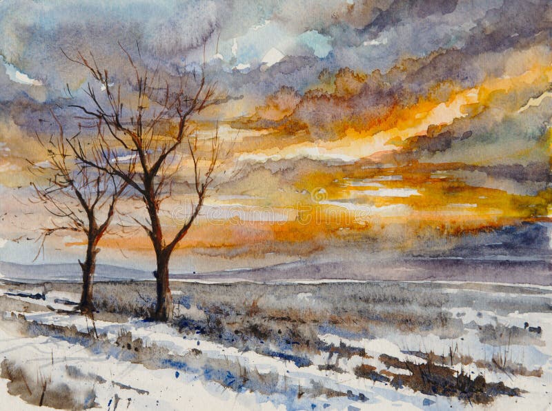 Winter fields watercolors painted
