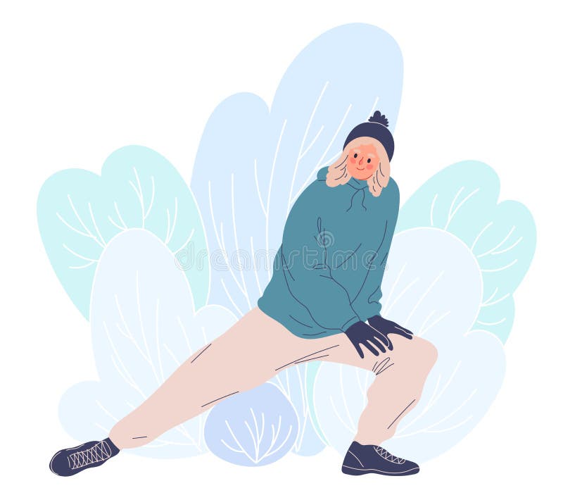 Winter fitness runner stretching legs doing warmup. royalty free illustration