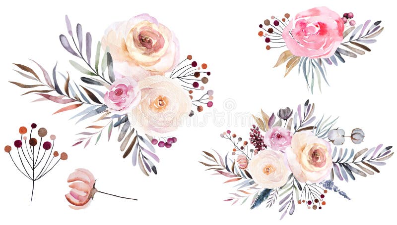 Winter Floral Watercolor Bouquets with Pastel Leaves, Berries and ...