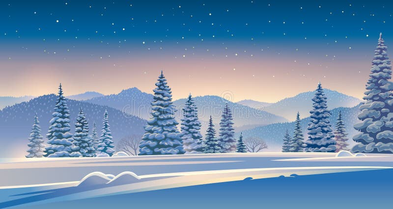 Winter evening landscape with snow-covered trees
