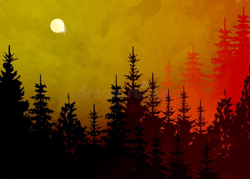 Winter forest background, vector mountain landscape. Christmas tree firs with full moon and pink sky. Watercolor Painting style.