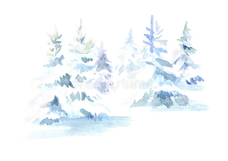 Winter forest. Christmas fir tree with snow. Watercolor hand drawn illustration, isolated on white background. vector illustration Winter forest. Christmas fir tree with snow. Watercolor hand drawn illustration, isolated on white background. vector illustration