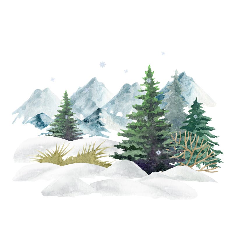 Winter forest landscape. Watercolor illustration. Hand drawn snow, mountains, trees, bush. Winter wild nature landscape