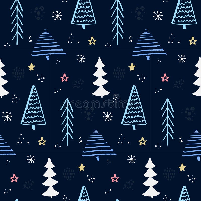 Winter forest pattern with hand drawn christmas tree. Blue night sky with stars and snowflakes. Vector background for