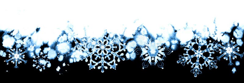 Winter frost with blue snowflakes on black and white background. Hand-painted seamless horizontal border