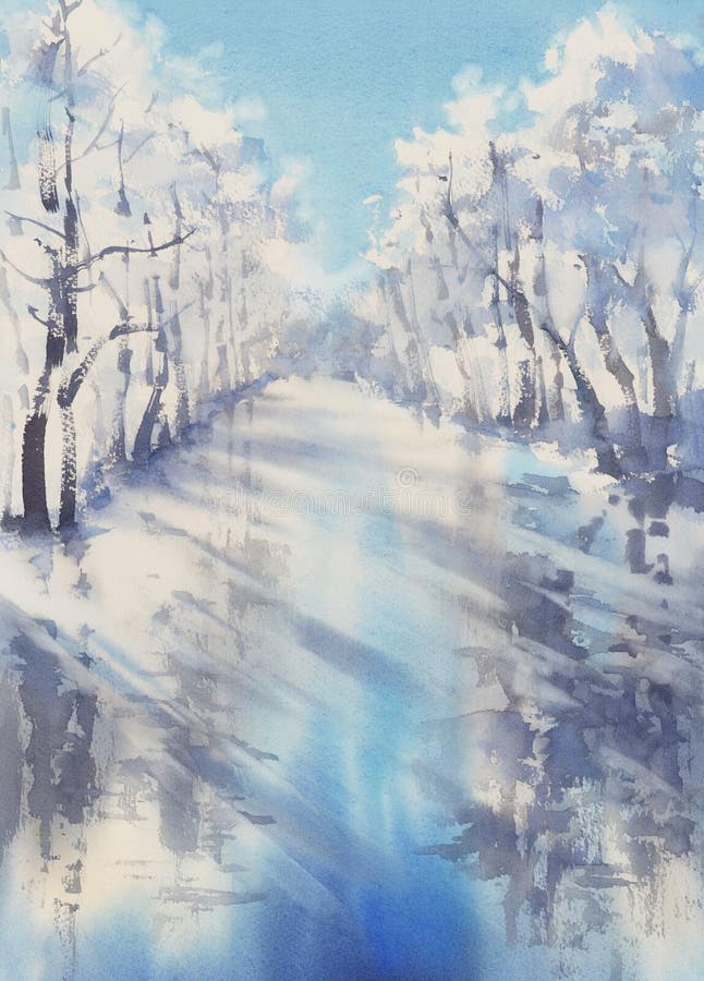 Winter frost by the river watercolor landscape