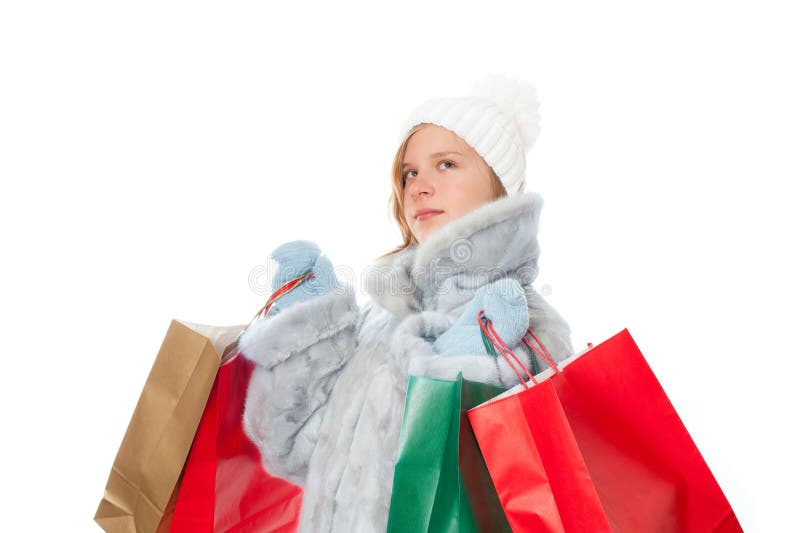 Winter girl with gift bags