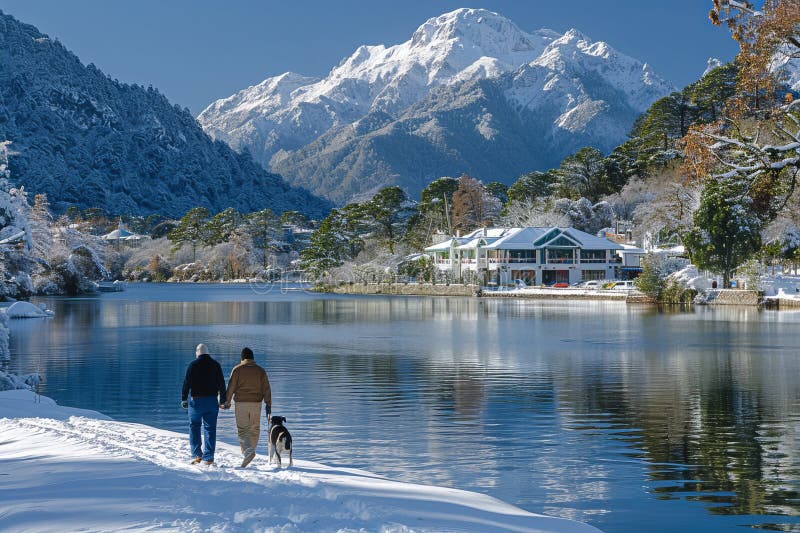 Winter hiking in the mountains with a dog exploring the stunning snow covered scenery royalty free illustration