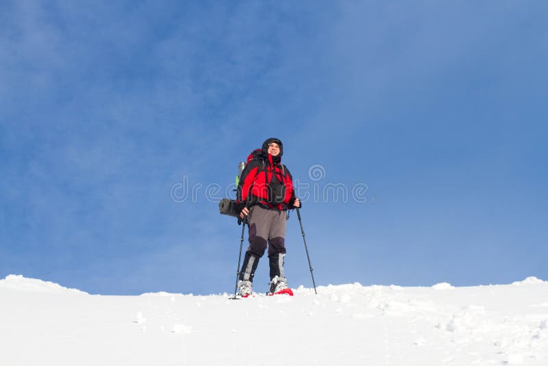 Winter hiking in the mountains on snowshoes with a backpack and tent. Winter trekking. Backpack snowshoeing stock images, royalty-free photos and pictures