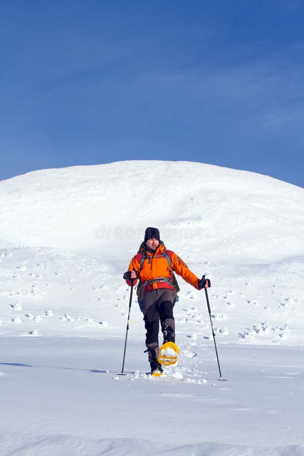 Winter hiking in the mountains on snowshoes with a backpack and tent. Winter trekking. Backpack snowshoeing stock images, royalty-free photos and pictures